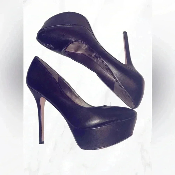 Sam Edelman stylish platform stiletto club trendy black leather peep toe heels 8 - Picture 1 of 4